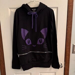 Hot Topic Black Hoodie with Purple Cat Face Graphic